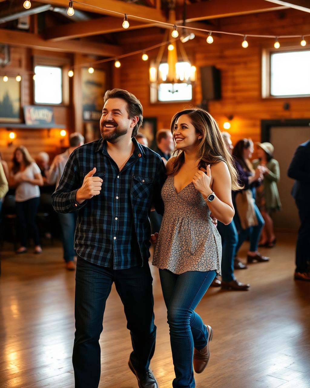 A man and woman in their late twenties line dancing in a busy country bar with other dancers behind them